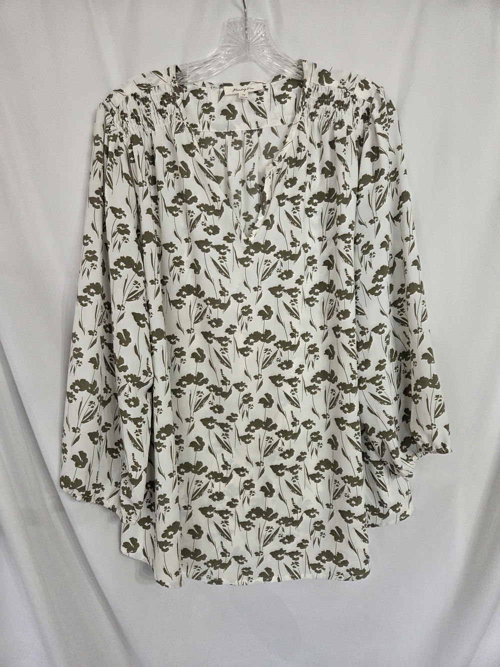 Monday Fun White Blouse with Olive Floral Print – Relaxed Smocked Yoke Size 1X